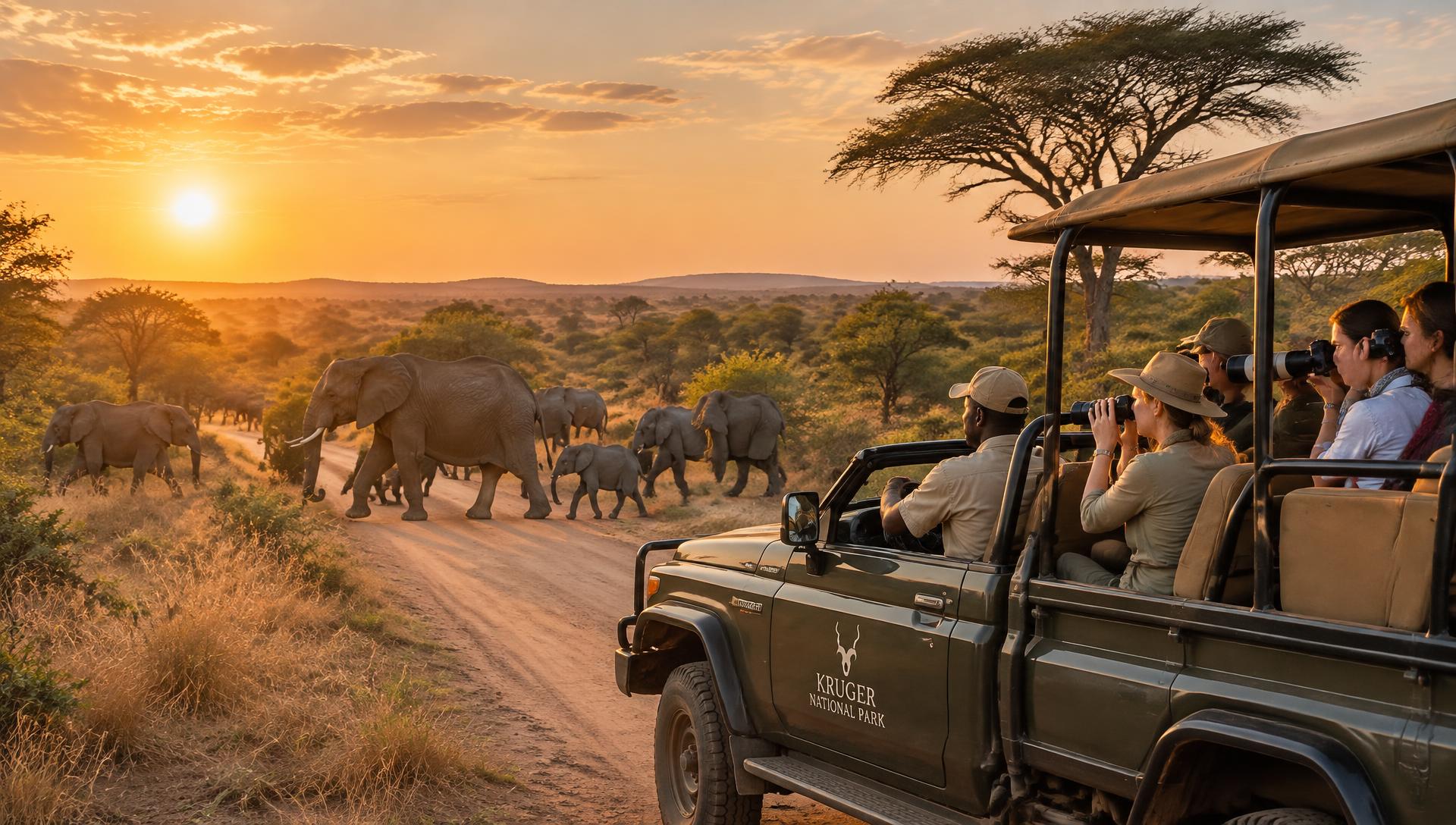 Guests on an open-vehicle game drive watching elephants cross the road in Kruger National Park at sunset